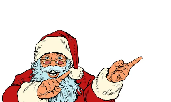 Santa Claus muestra el lado. Anuncio de Navidad o anuncio — Vector de stock