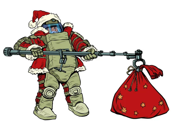 Санта-Клаус в защитном костюме и подарках. Рождество и Новый год. Юмористическая иллюстрация персонажей сказок — стоковый вектор