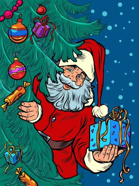 Santa Claus mira desde detrás del árbol. Fondo de Navidad — Vector de stock