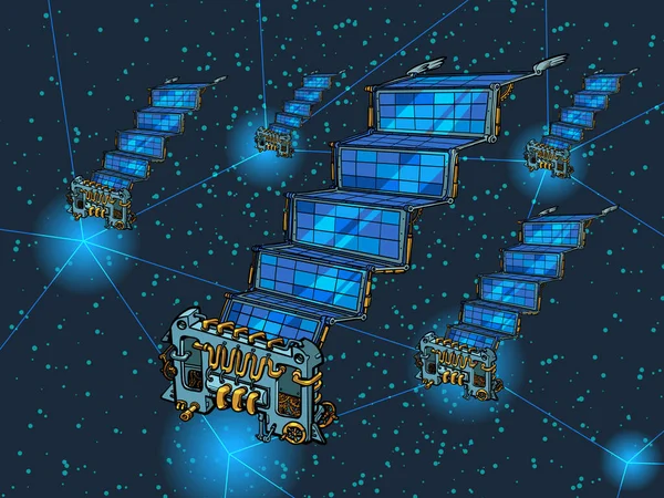 Globális műholdas internet. Űrtávközlő hálózat — Stock Vector