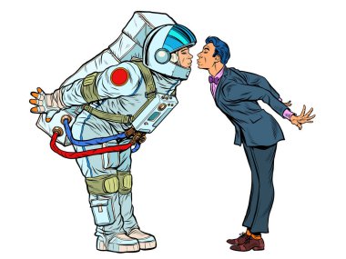 Astronaut woman or man prepared for a kiss with the groom clipart