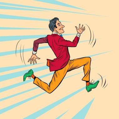 Parlak şık takım elbiseli bir hippi hızlı koşar.