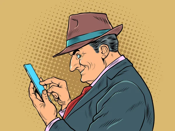 Un hombre de negocios anciano con un teléfono inteligente. El jefe mira los mensajes — Archivo Imágenes Vectoriales