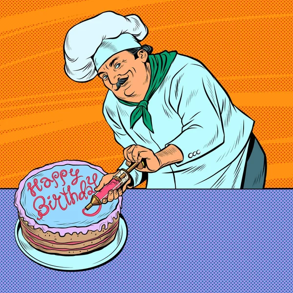 Feliz cumpleaños pastelero hombre con pastel — Archivo Imágenes Vectoriales