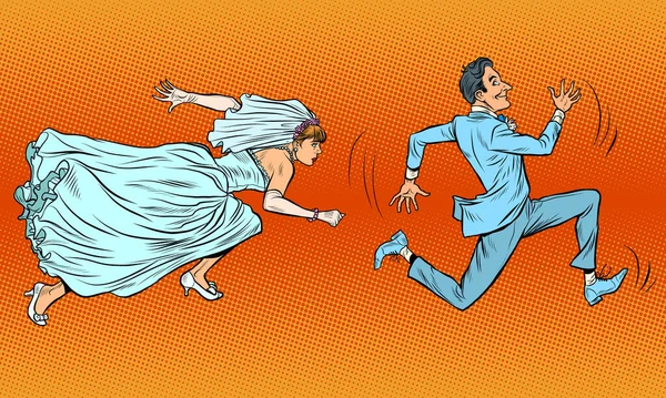 Der Bräutigam läuft der Braut davon. Eine komische Verfolgungsjagd. Hochzeit — Stockvektor
