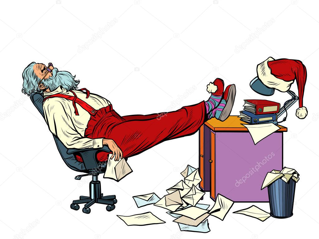 Santa Claus is tired and resting in the office for Christmas