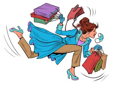 A woman runs to a sale. Discounts in the store clipart