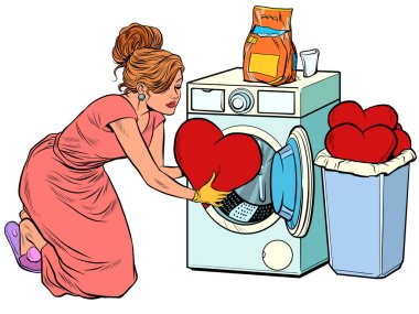 Beautiful woman washes a red heart. Valentines day clipart