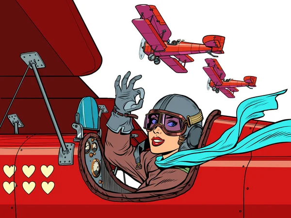 Belle femme pilote dans un avion amoureux. Saint Valentin — Image vectorielle