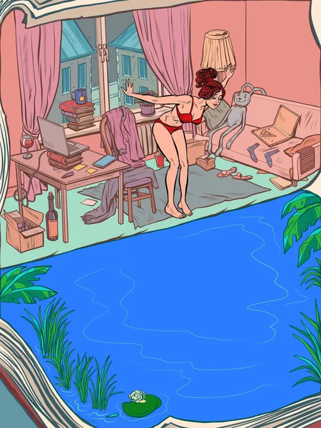 Νεαρή γυναίκα κάνει μπάνιο στο σπίτι της στην πισίνα. Αρχική καραντίνα και διακοπές στη θάλασσα — Διανυσματικό Αρχείο