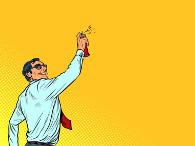 İş adamı graffiti sprey boya kutusu çiziyor. Sokak sanatı