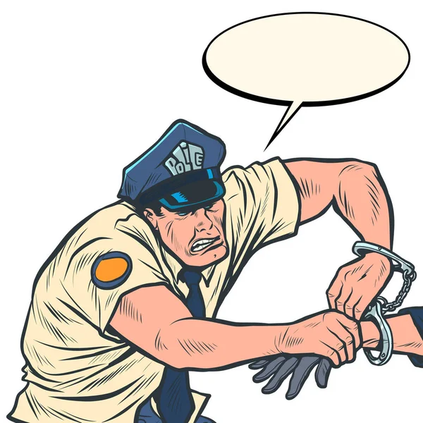 Полицейский надевает наручники, арестовывает — стоковый вектор