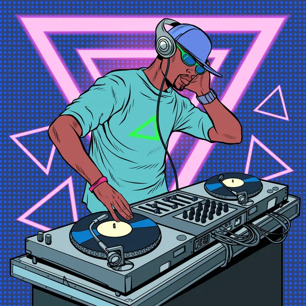 Black man dj on vinyl turntables. concert music performance neon retro style — Stock Vector