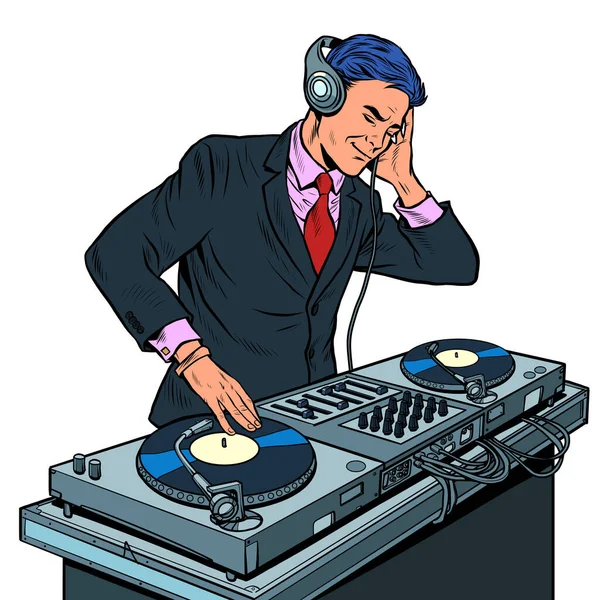 Male businessman dj on vinyl turntables. concert music performance — Stock Vector