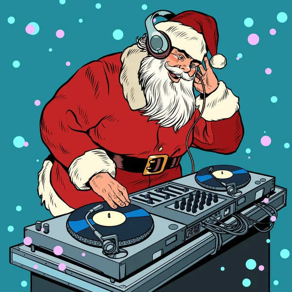 Noel Baba 'nın Noel DJ' i vinil pikaplarda. konser müzik performansı — Stok Vektör