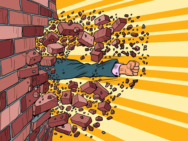 O empresário atravessa uma parede de tijolos. A vontade de superar os obstáculos — Vetor de Stock