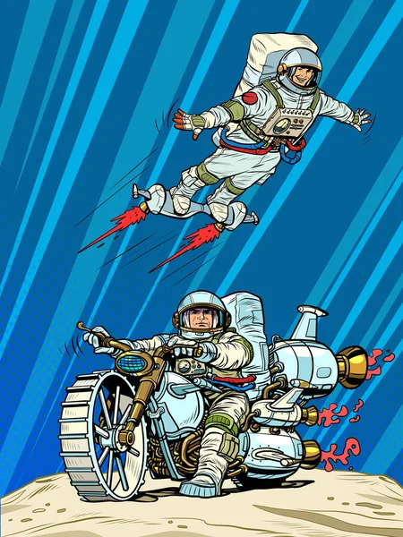Astronautas en el transporte espacial. Volar y montar una motocicleta del futuro — Archivo Imágenes Vectoriales