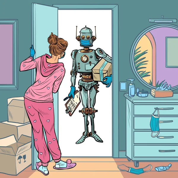 Robot kurýr v lékařské masce, bezpečné doručení v karanténě — Stockový vektor