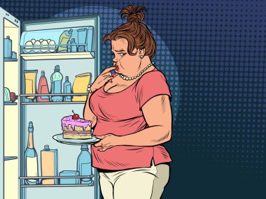 Şişman kadın açık buzdolabında yemek, obezite ve aşırı kilolu.