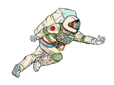 Mutlu bir astronot ağırlıksız, beyaz bir arka planda izole bir şekilde uçar. Kozmos