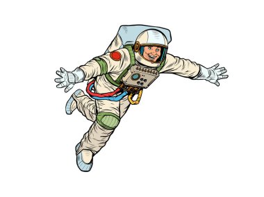 Mutlu bir astronot ağırlıksız, beyaz bir arka planda izole bir şekilde uçar. Kozmos