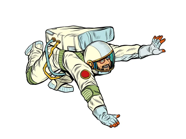Ein glücklicher Astronaut fliegt in der Schwerelosigkeit, isoliert auf weißem Hintergrund. Kosmos — Stockvektor