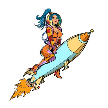 Astronot kızı rokete bağla. Dış uzay, bilim kurgu