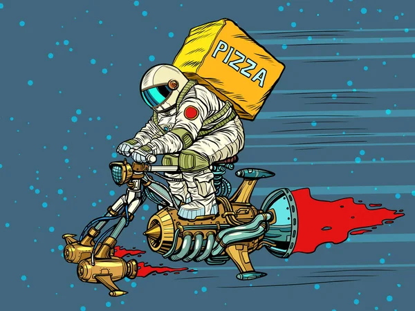 En astronautkurir levererar pizza till rymdfarkosten. Livsmedelsvetenskap — Stock vektor