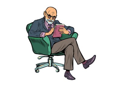 Yaşlı bir psikoterapist dikkatle dinler ve bir deftere yazar. Psikoterapi seansı