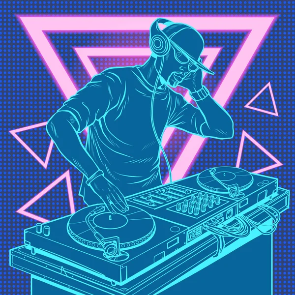 Dj on vinyl turntables. concert music performance — Stock Vector