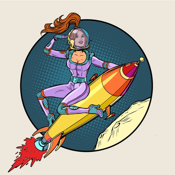 Pinup astronauta femenina volando en un cohete, una mujer en el espacio. Ciencia ficción — Archivo Imágenes Vectoriales