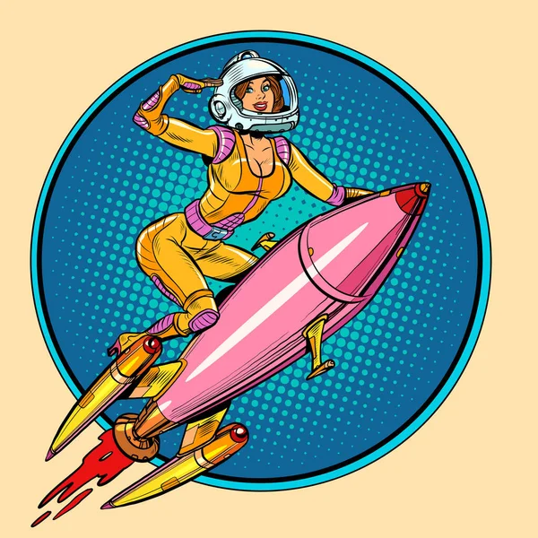 Astronot wanita terbang dengan roket, seorang wanita di ruang angkasa. Ilmiah fiksi - Stok Vektor