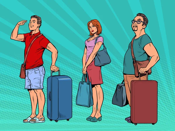 Passagiers met bagage in de wachtrij, de luchthaven wacht op vertrek. Reizigers van mannen en vrouwen — Stockvector