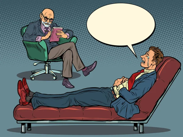Uma sessão de psicoterapia. O psicoterapeuta vê um homem de negócios, o paciente está deitado no sofá —  Vetores de Stock