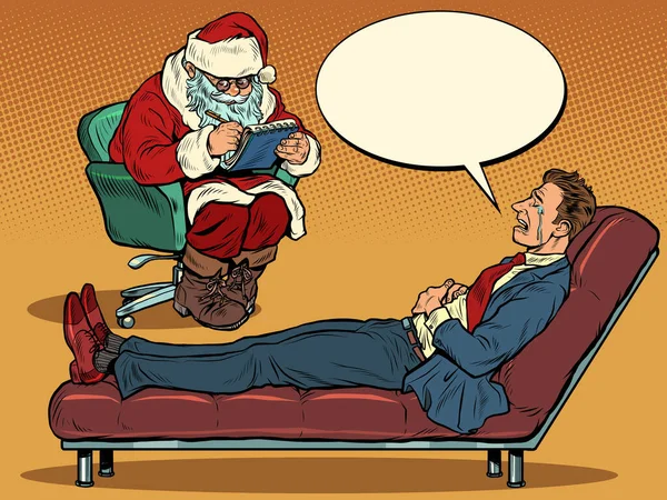 Uma sessão de psicoterapia de Natal. O psicoterapeuta Papai Noel vê um homem de negócios, o paciente está deitado no sofá — Vetor de Stock