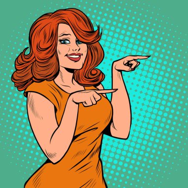 The woman points with her finger. A presentation gesture. Beautiful girl clipart