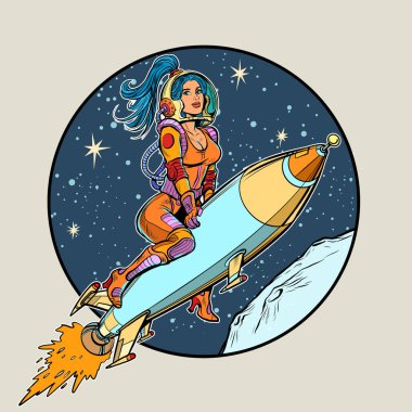 Astronot kızı rokete bağla. Dış uzay, bilim kurgu
