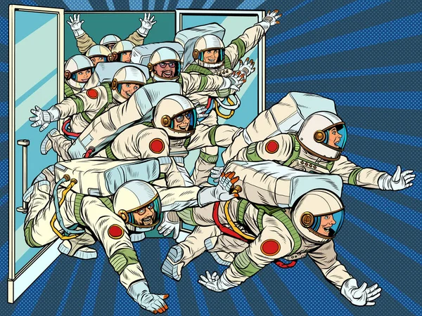 Los astronautas salen corriendo de la nave espacial. Dominar las estrellas — Archivo Imágenes Vectoriales