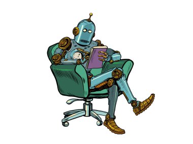 Bir robot psikoterapi seansında, bir sandalyede oturuyor ve not defterine notlar alıyor.