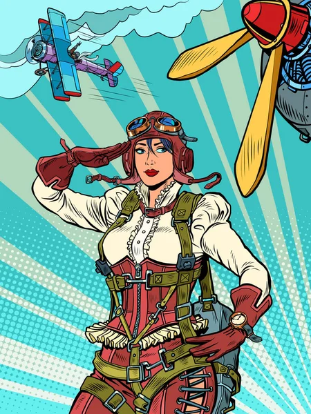 Жіночий ретро-пілот. професійний військовий льотчик Поп-арт ретро ілюстрація — стоковий вектор
