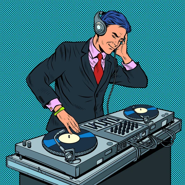Man zakenman DJ op vinyl draaitafels. concertmuziek uitvoering — Stockvector