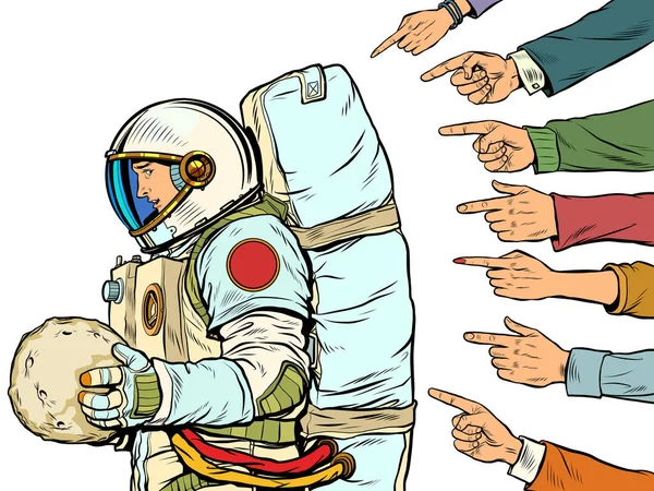 Vinný astronaut s planetou v rukou. Každý kritizuje kosmonauta. Bílé pozadí — Stockový vektor