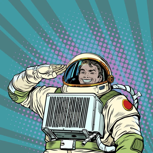 Der fröhliche Astronaut salutiert, der Kosmonautenkapitän. Soldat des Universums — Stockvektor