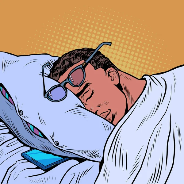 Een zwarte man slaapt met een bril, een telefoon ligt naast hem. Zakenman dagelijkse routine — Stockvector