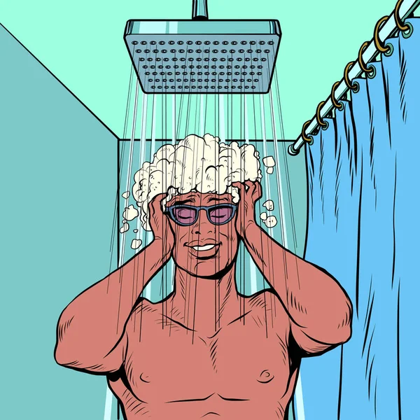 Een zwarte man wast zijn haar in de douche. Zakenman dagelijkse routine — Stockvector