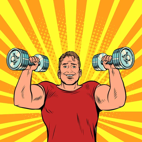 Un hombre levanta pesas, deportes y salud, ejercicios matutinos. Rutina diaria del empresario — Archivo Imágenes Vectoriales