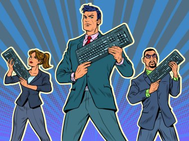 Bilgisayar klavyesi olan iş adamları. İnternet işi. Gelişmiş PC Kullanıcı