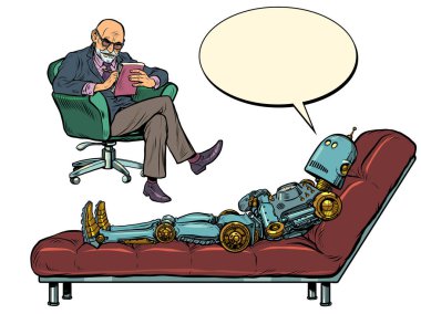 Psikoterapi seansında bir erkek psikoterapist robot bir hastayı dinler, sandalyeye oturur ve not defterine notlar alır.
