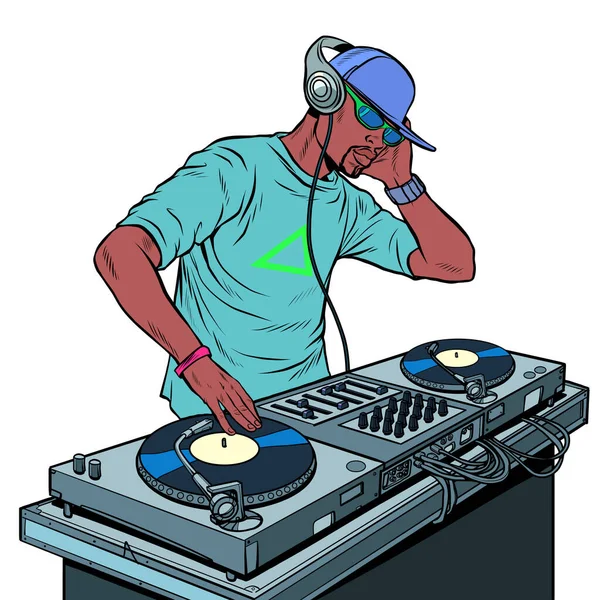 Fekete DJ bakelit lemezjátszókon. koncert zenei előadás — Stock Vector