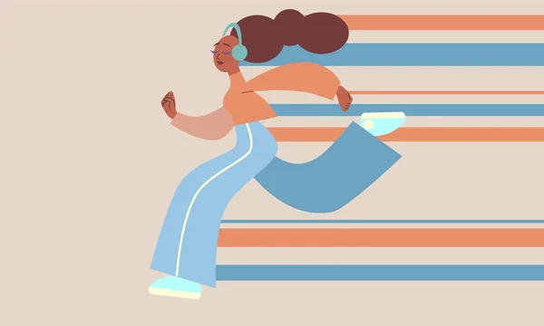 Una mujer negra en un trote escucha música con auriculares — Vector de stock